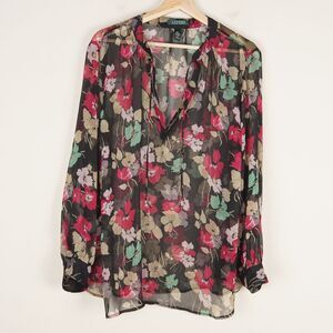 Lauren Ralph Lauren Floral Print Long Sleeve V Neck Sheer Blouse Womens Sz 2X